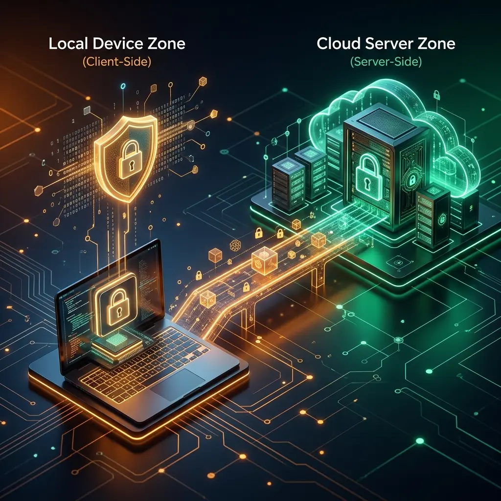 Diagram comparing client-side encryption versus server-side encryption, showing where the encryption key lives in each model