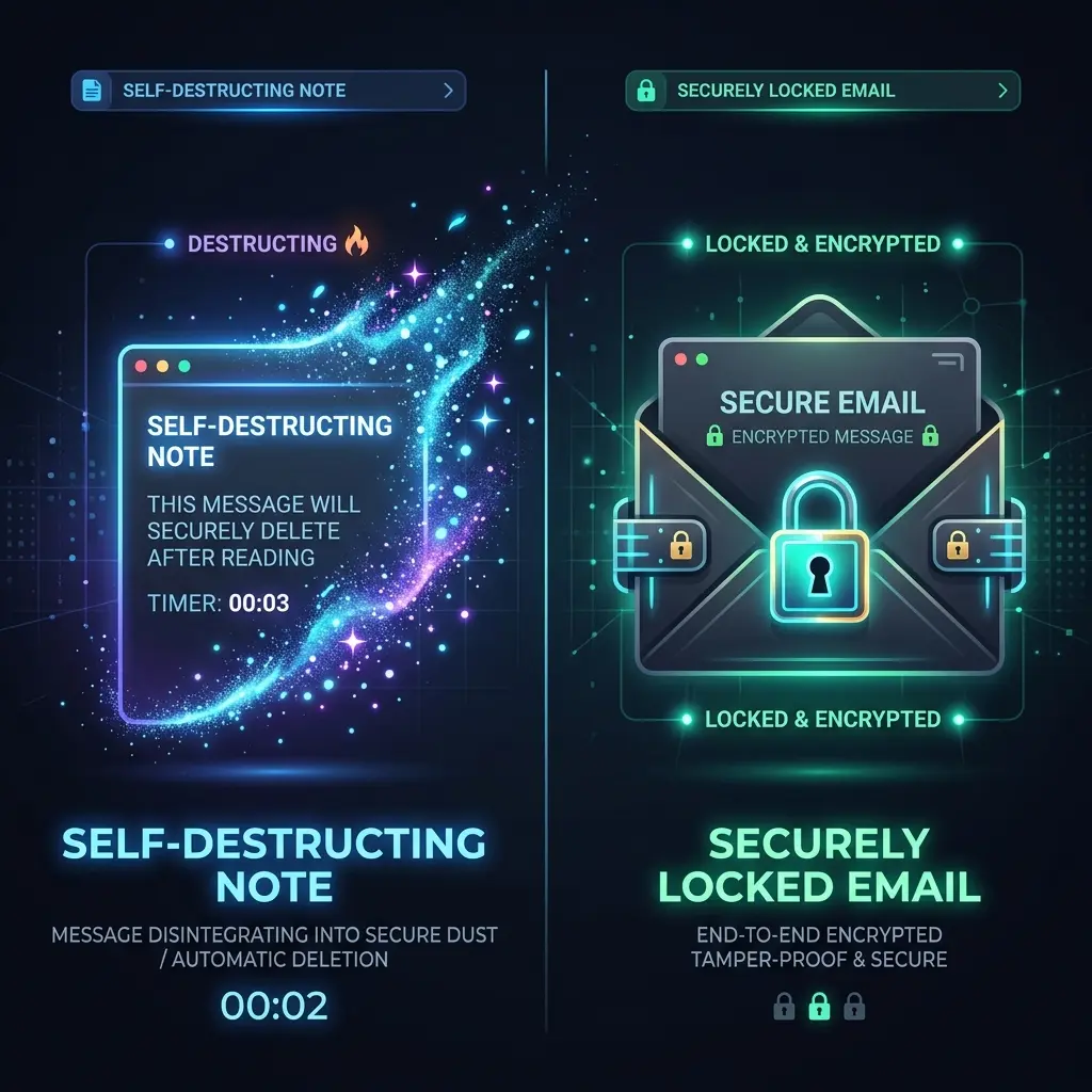 Comparison graphic showing self-destructing notes versus encrypted email for secure communication