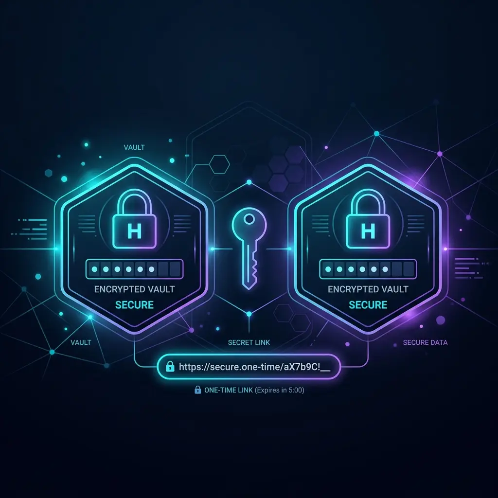 Diagram illustrating the process of how to share passwords securely online using encrypted links and password managers